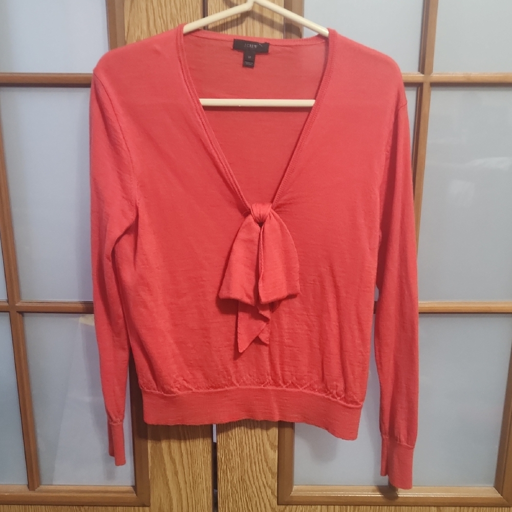 J Crew Red Orange 100% Merino Wool Bow Long Sleeve Lightweight Sweater Size Med